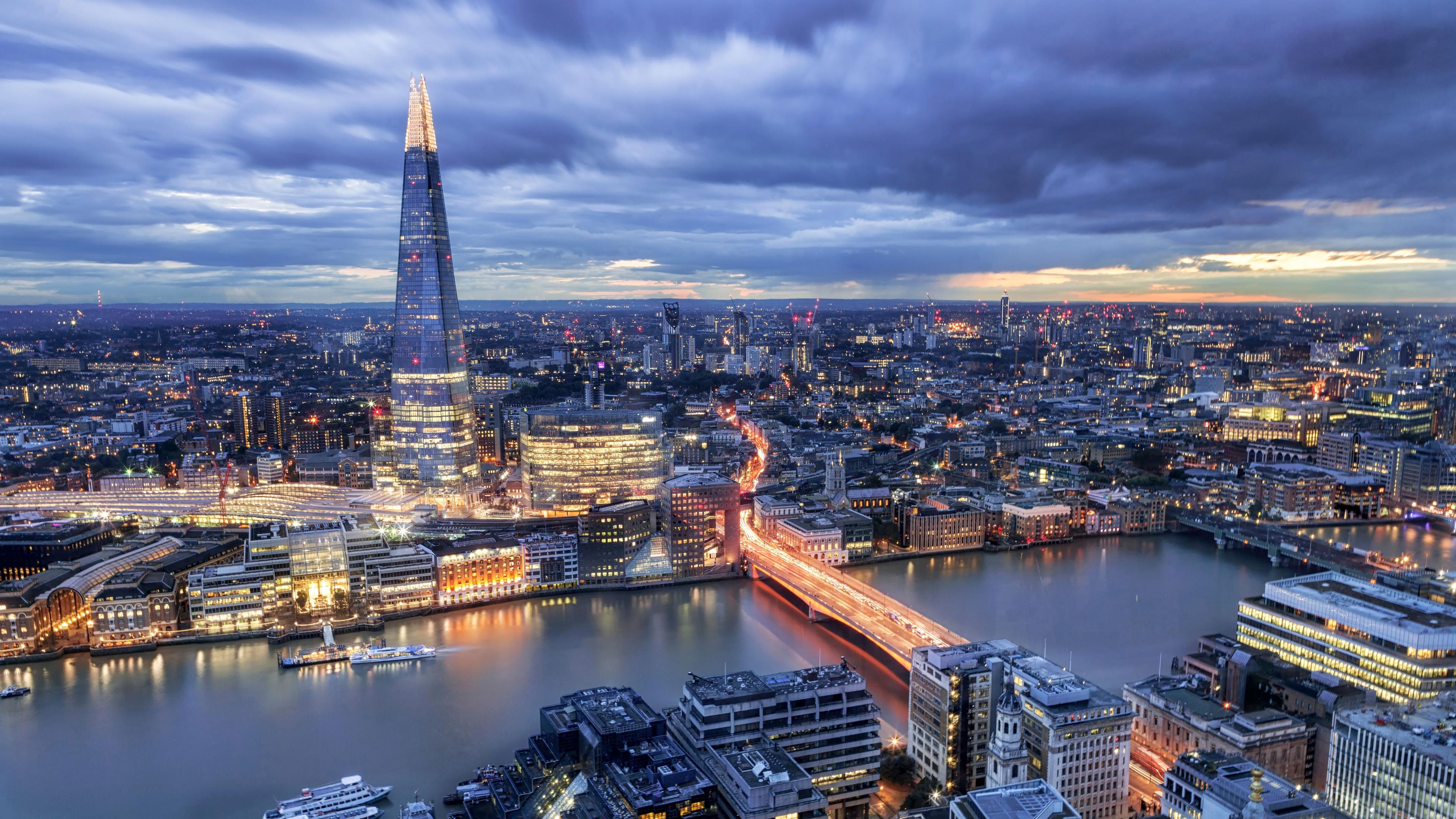 aerial view over London at dusk