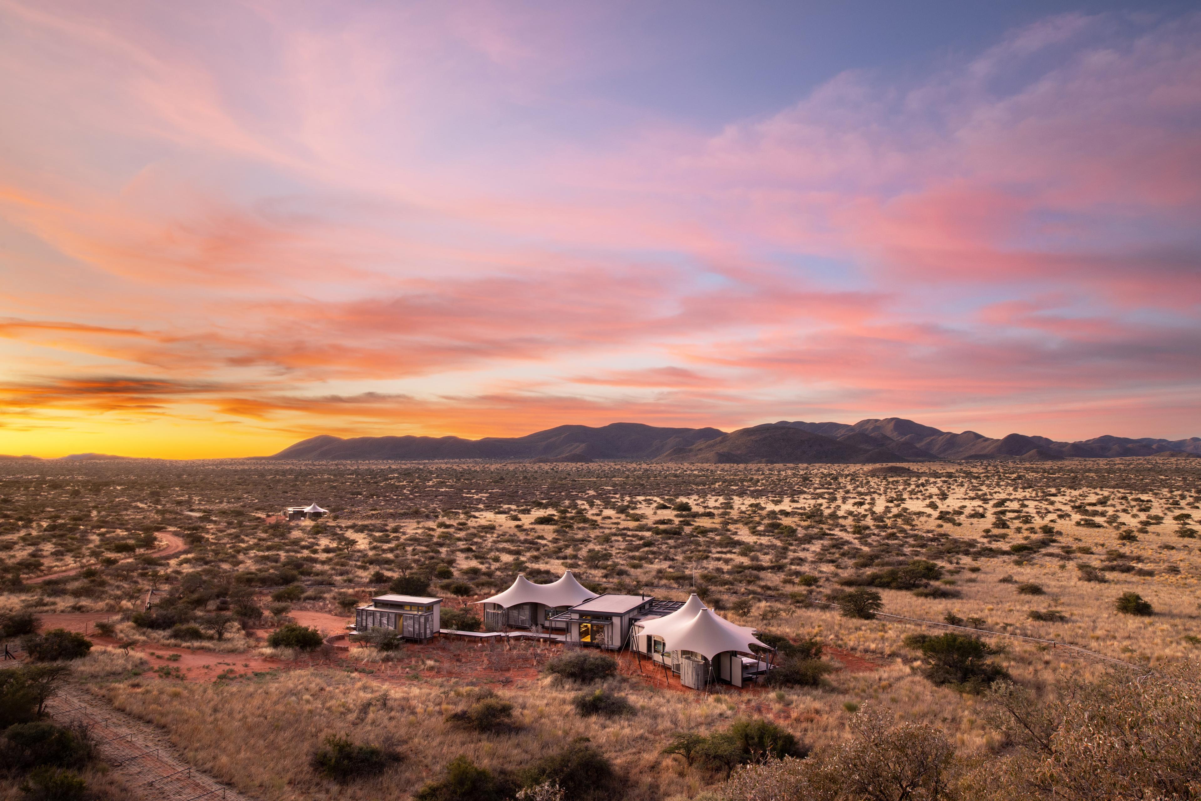 Safari camp in the Kalahari at dusk