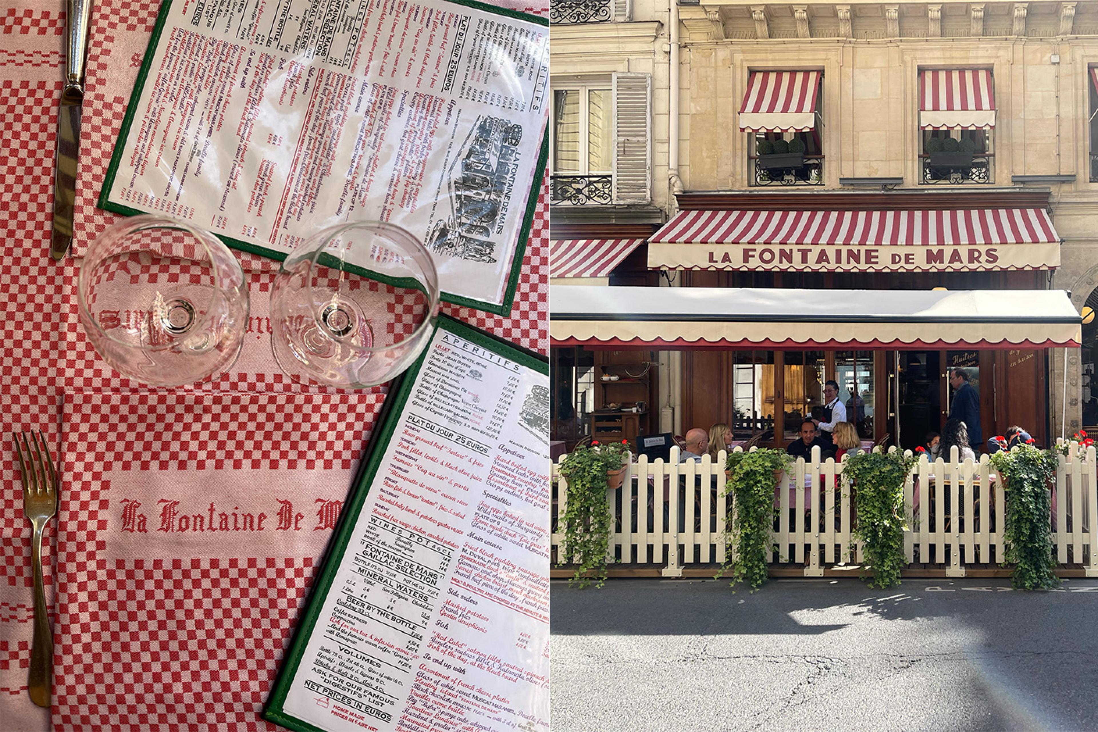 two wine glasses on a red and white checkered tablecloth and a restaurant exterior with a white fence and flower boxes