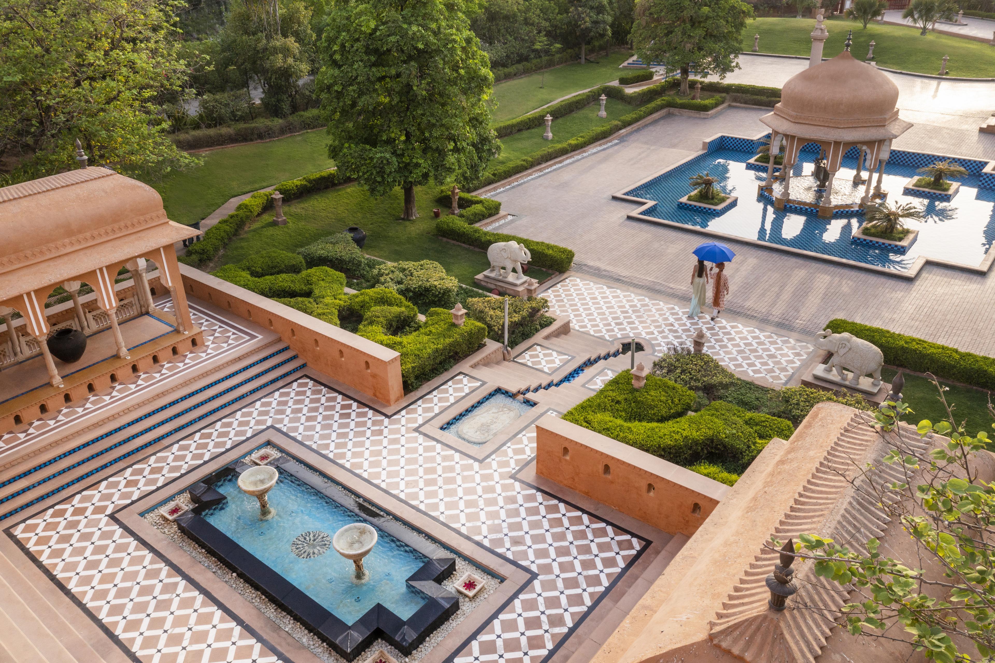 Indian style fountains in a tiled garden