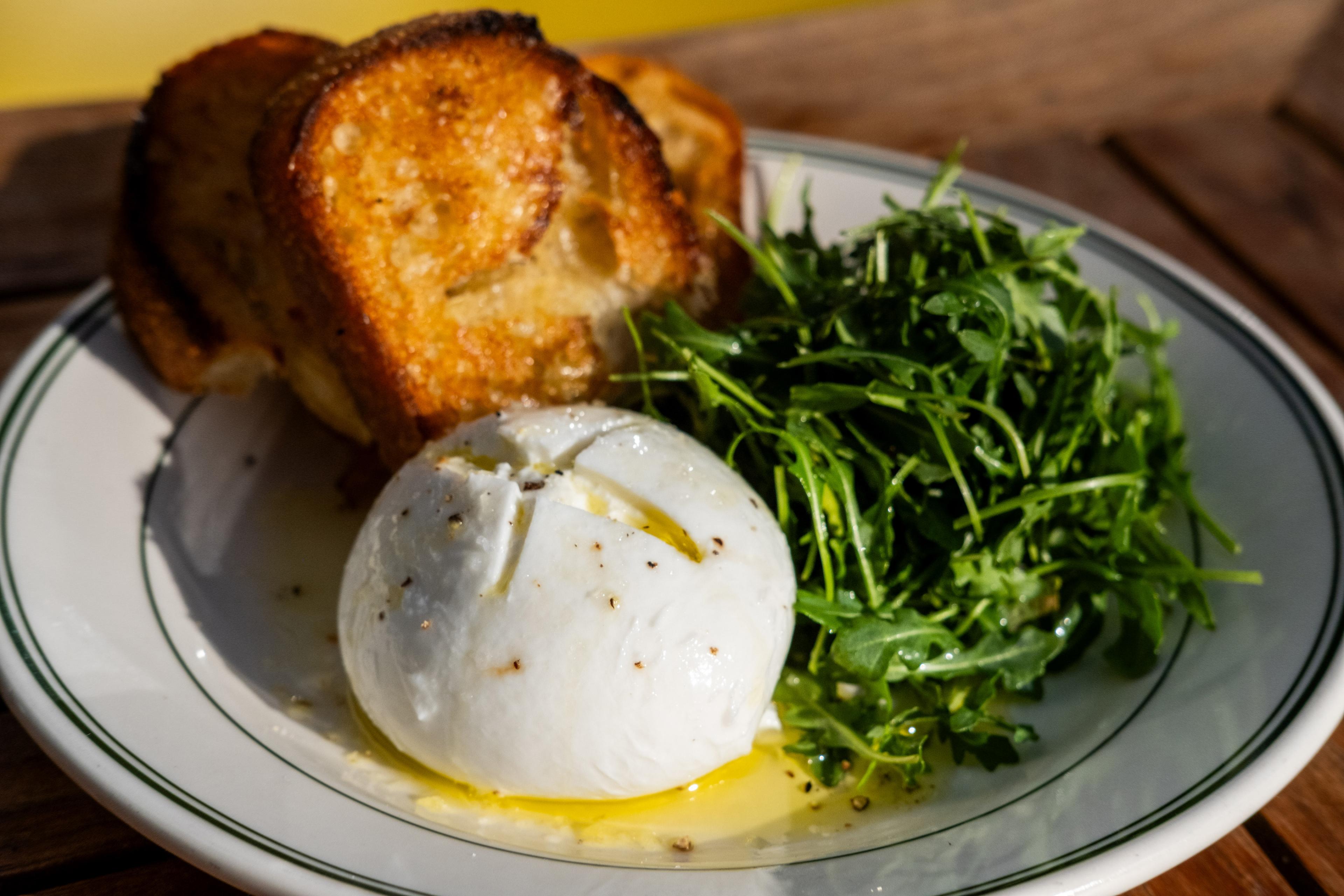 plate of burrata with toast and greens
