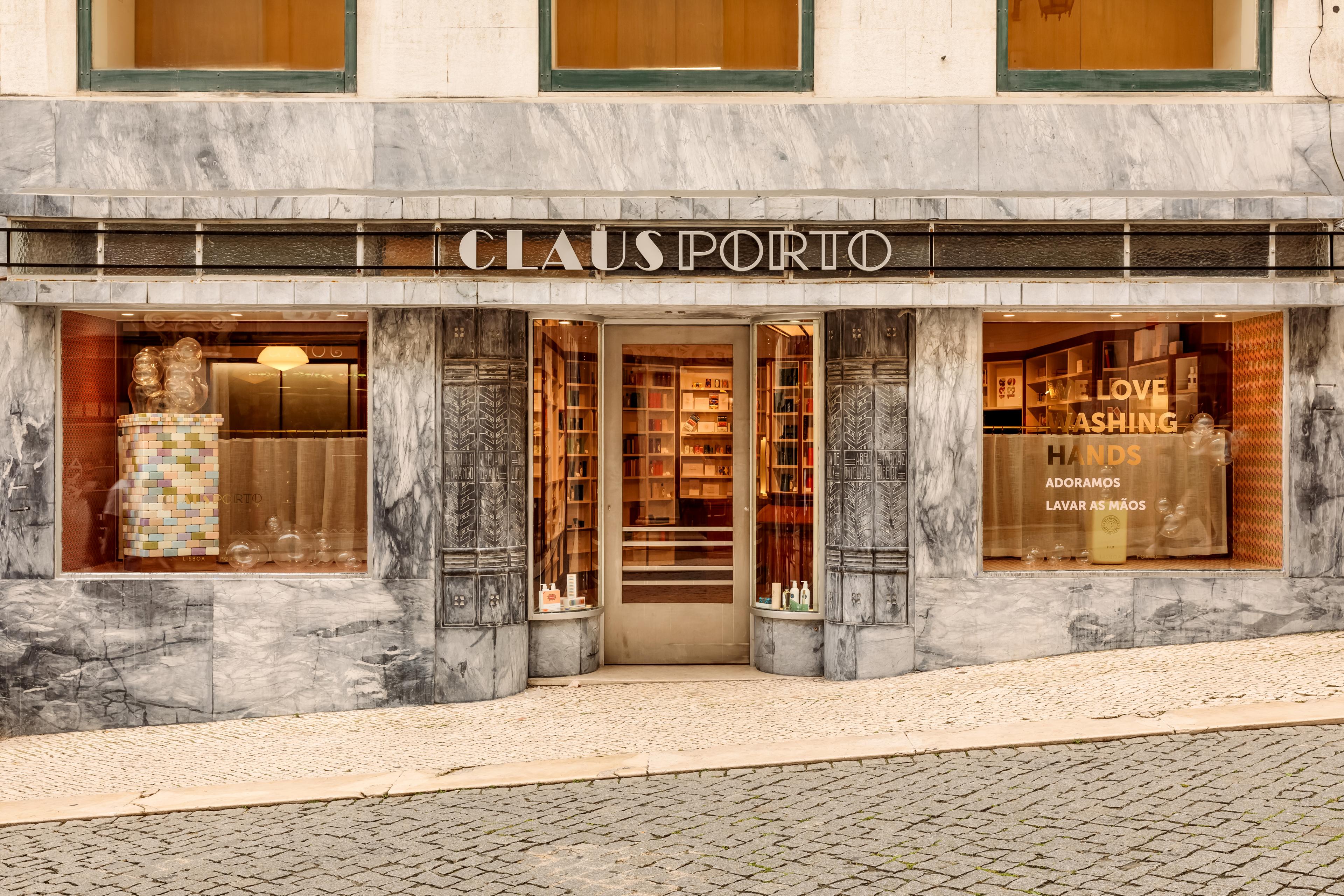 exterior of shop in portugal with sign saying Claus Porto