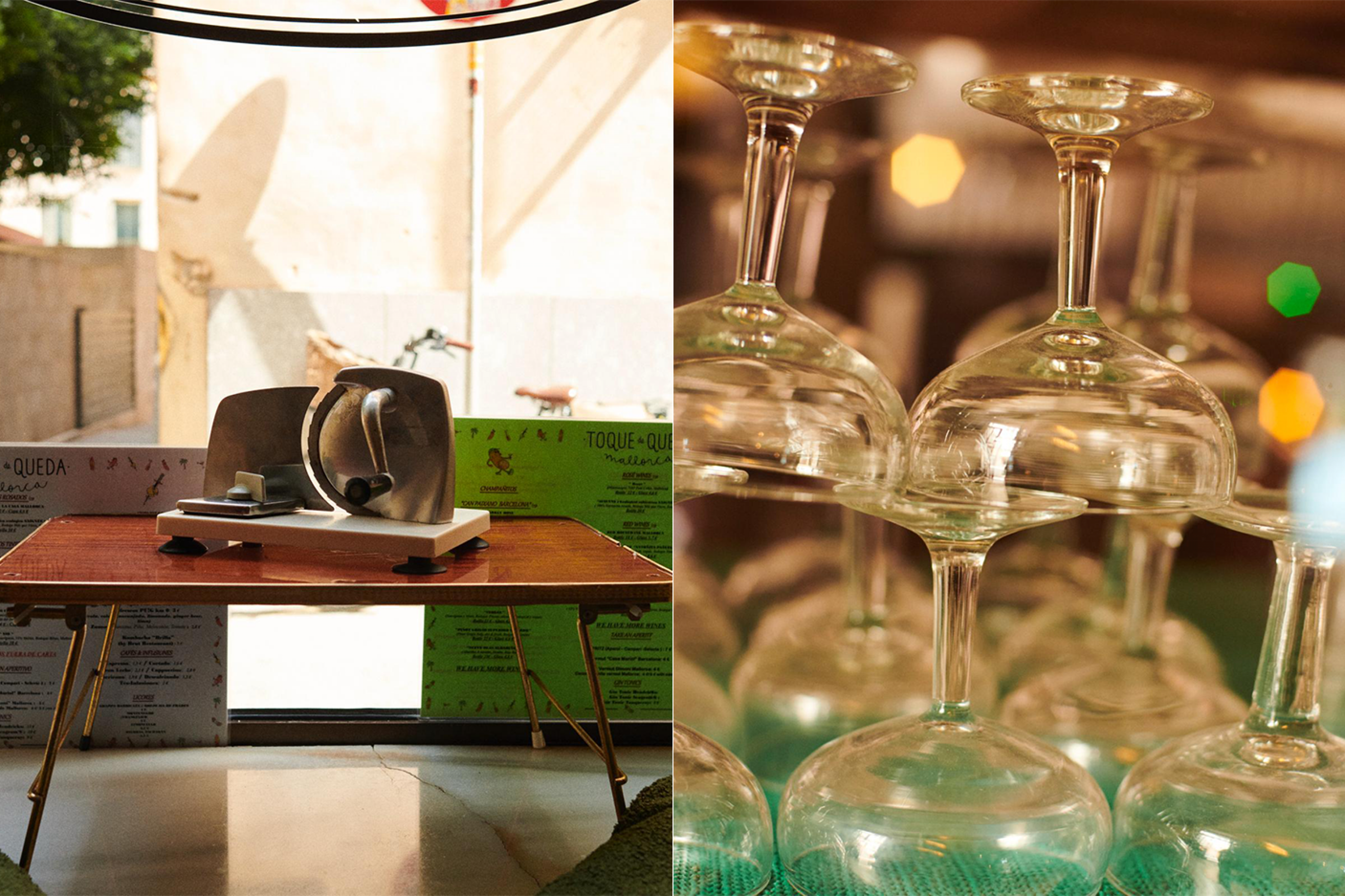 detail shots of restaurant - glasses and a meat slicer