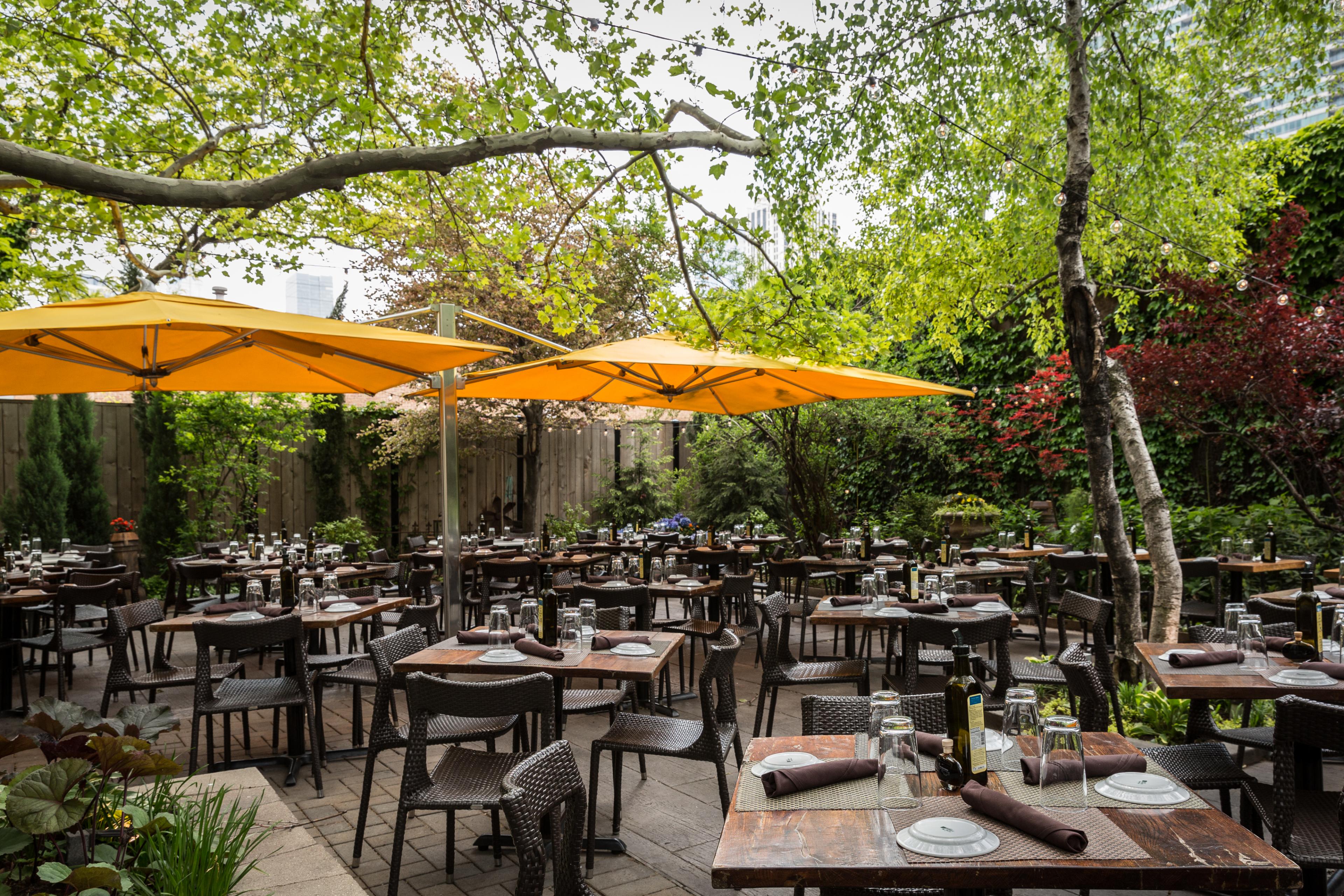 patio of restaurant with yellow umbrellas and garden