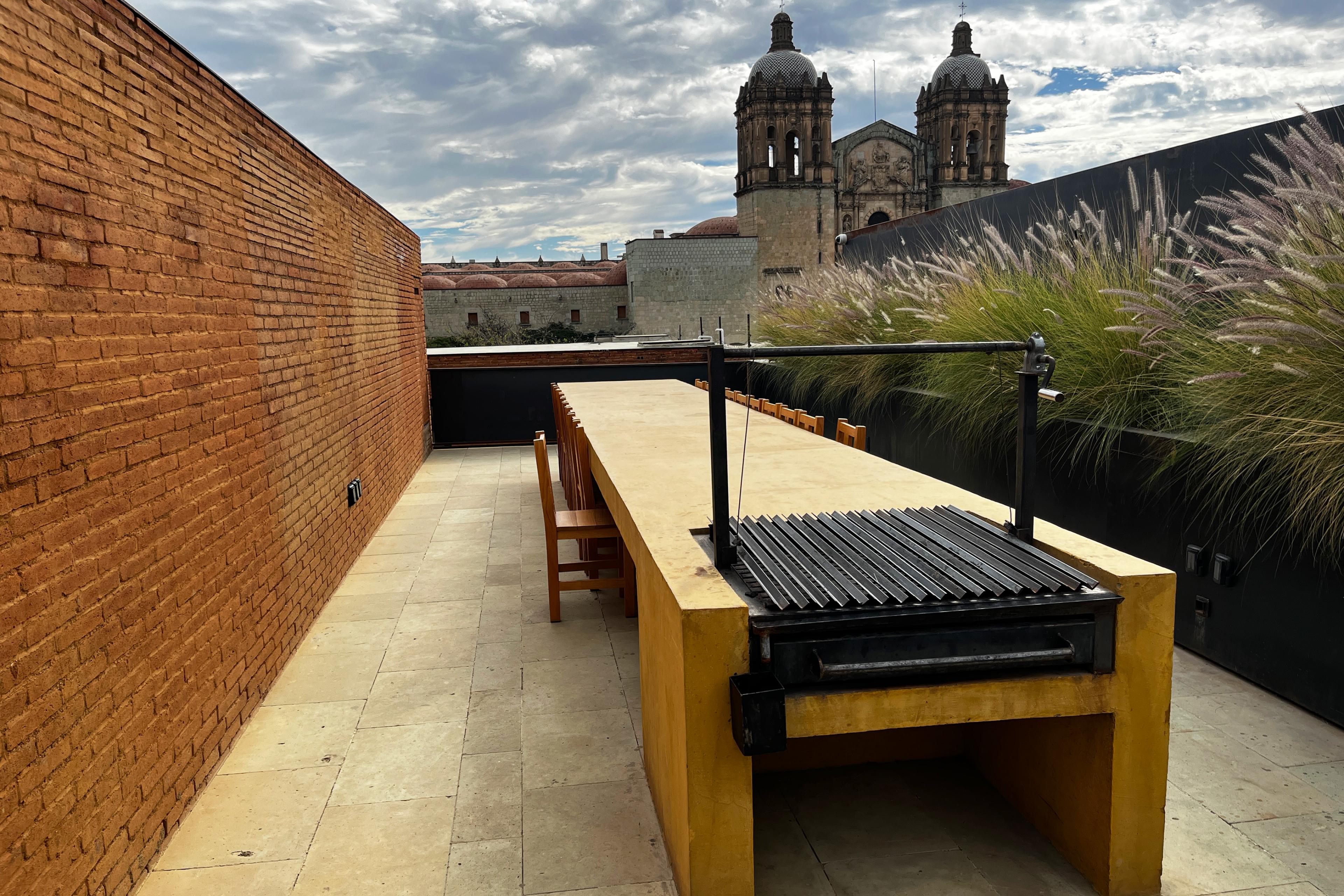 rooftop table overlooking a church