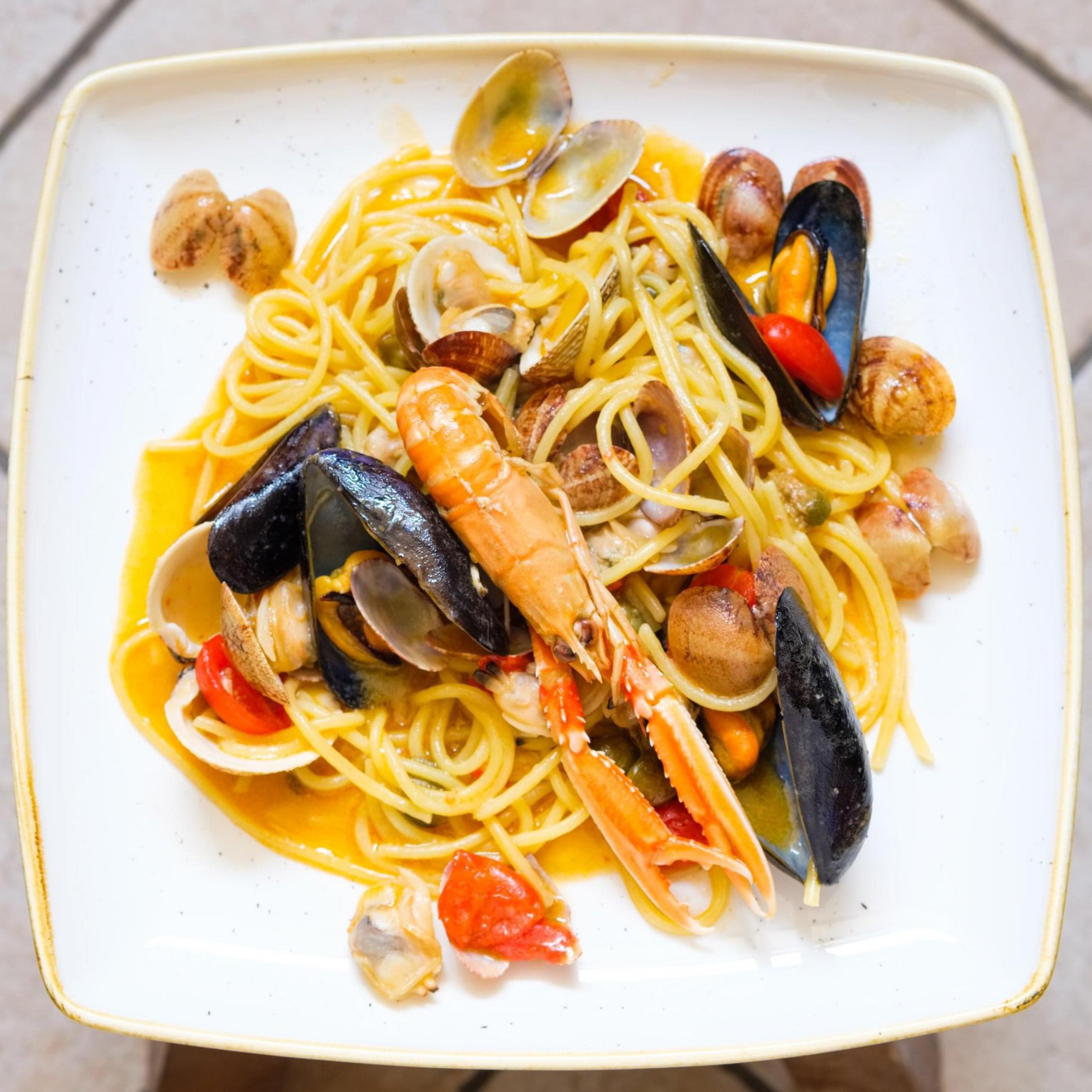 Seafood pasta at A'Paranza restaurant, Amalfi Coast, Italy