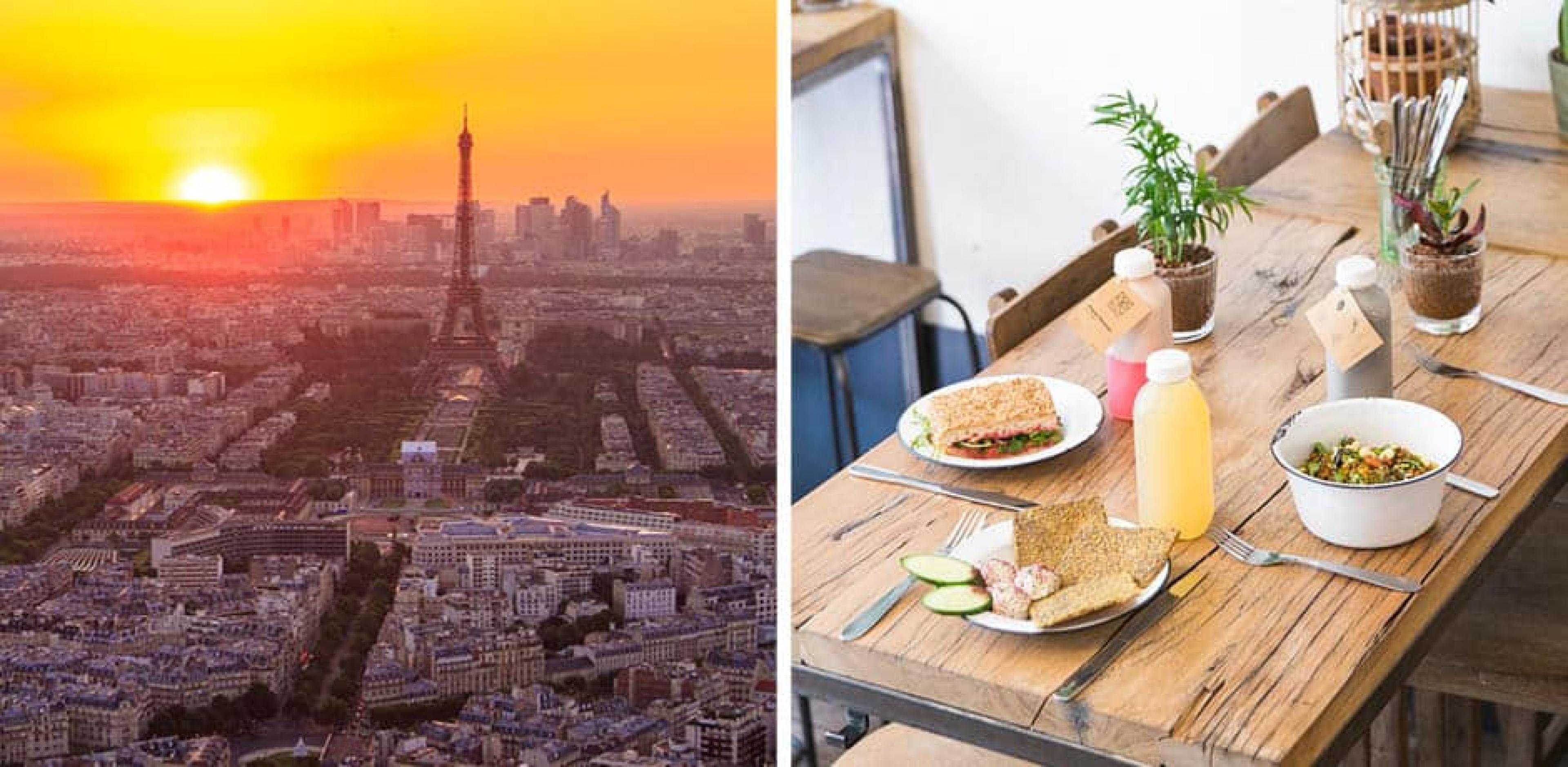 Sunset over the Paris skyline; table with lunch food at Wild & The Moon restaurant in Paris