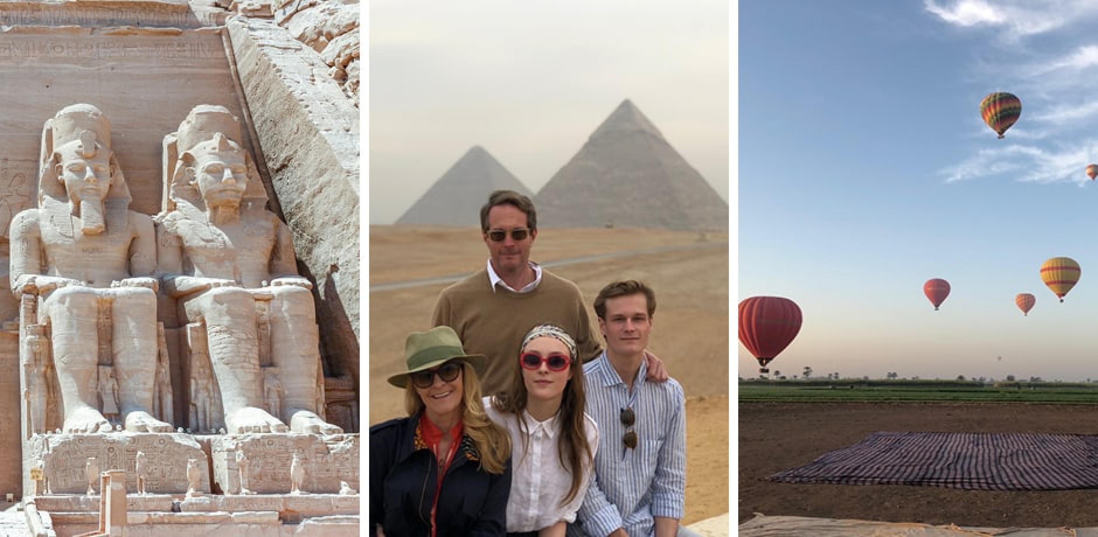 Abu Simbel; Melissa Biggs Bradley and her family in front of the Egyptian pyramids; hot air balloons in Luxor