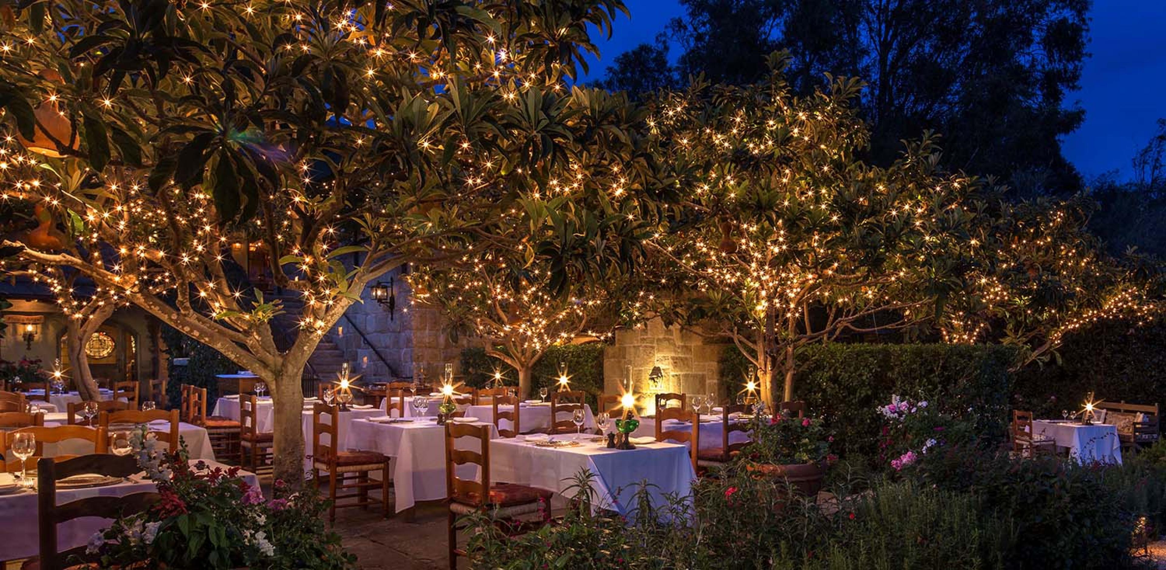 dining tables with white tablecloths beneath trees with twinkle lights
