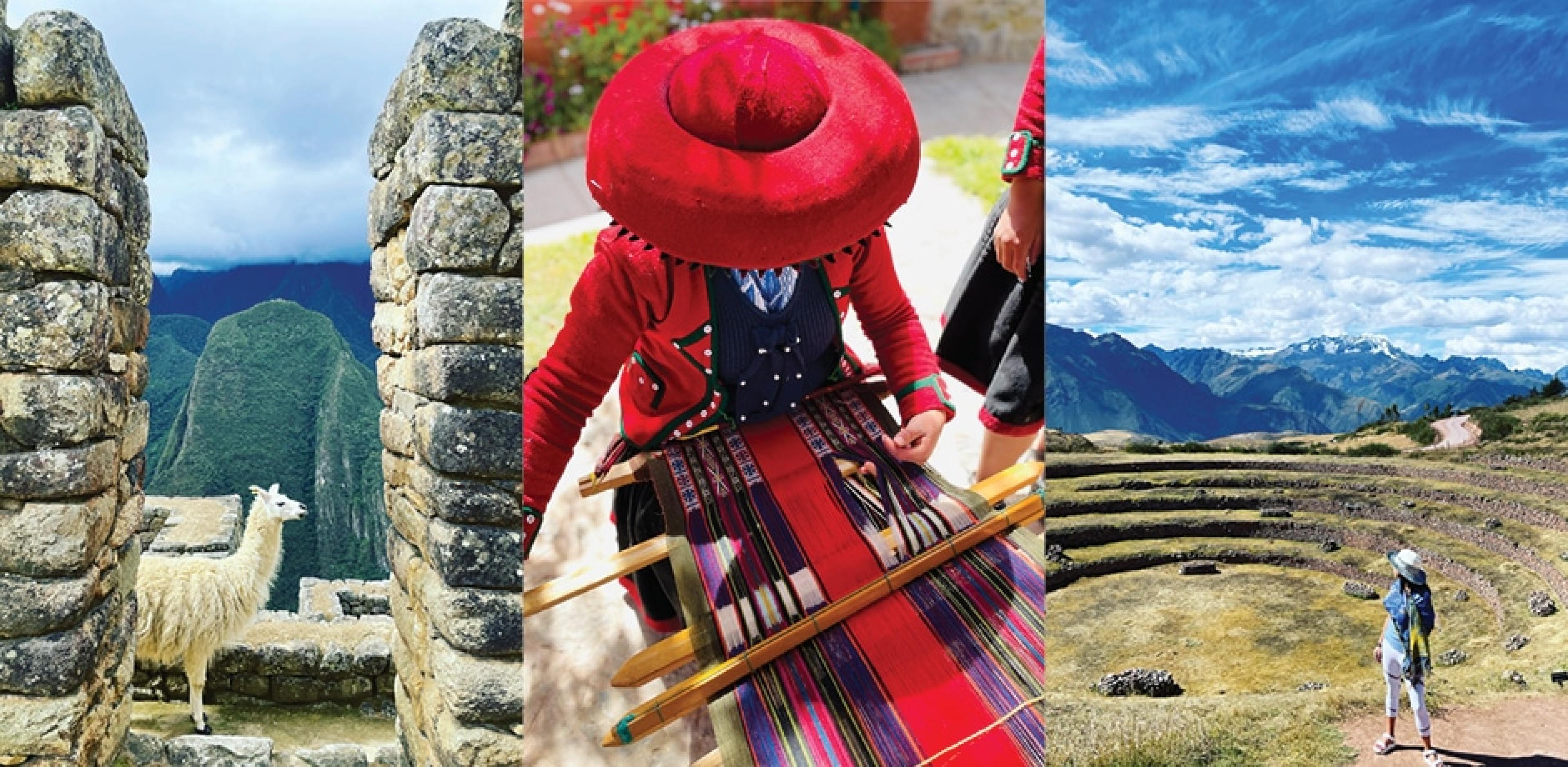 Llama at Machu Pacchu; artisan weaver in Chinchero; terraces of Moray. Photos by Diana Li