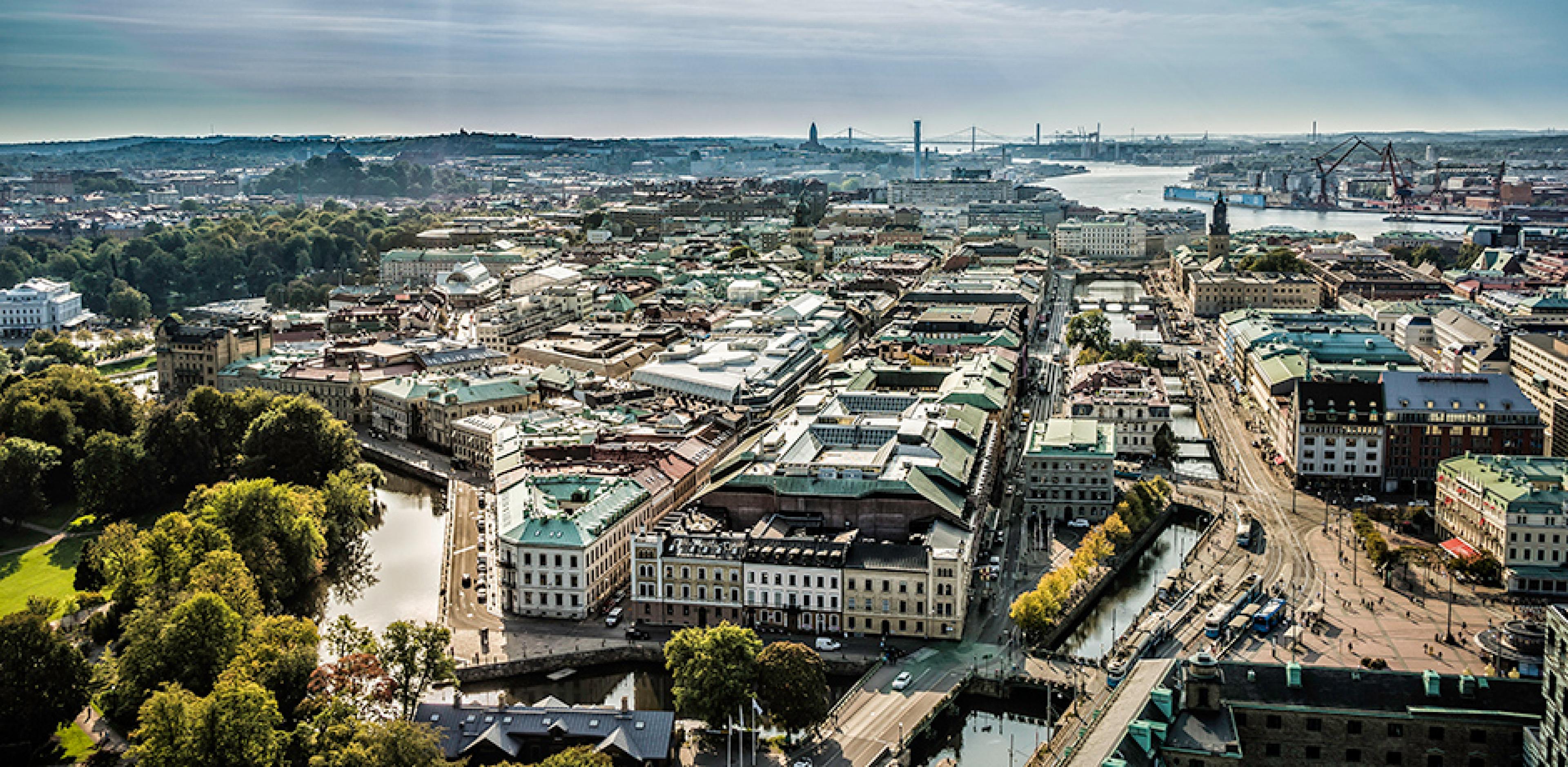 aerial view of gothenburg sweden showing historic city center and canalsfrom above, with port buildings in the background on a sunny day