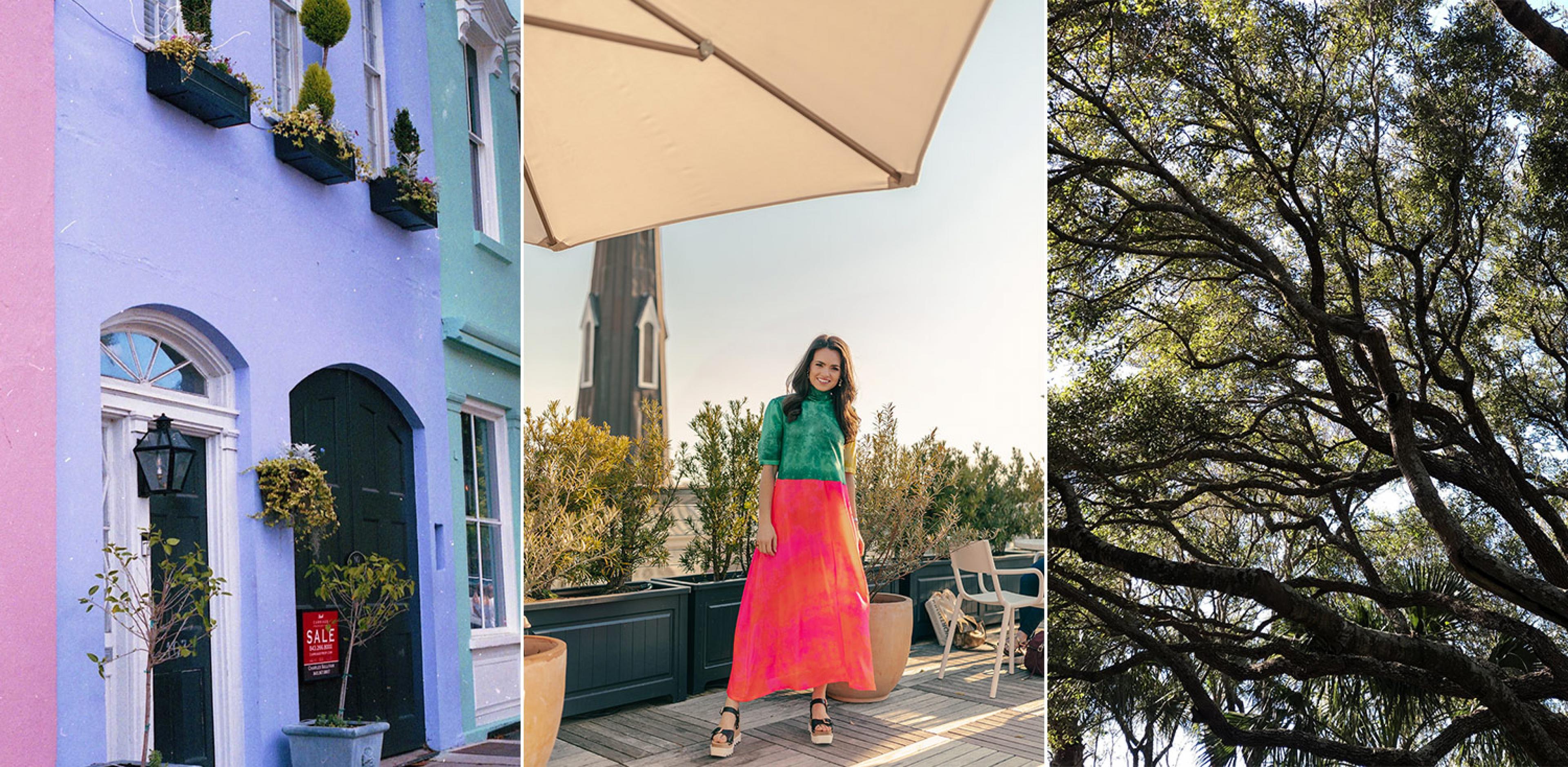three photos showing 2 scenes of charleston (row houses + oak trees) with a woman in a dress on a rooftop in between 