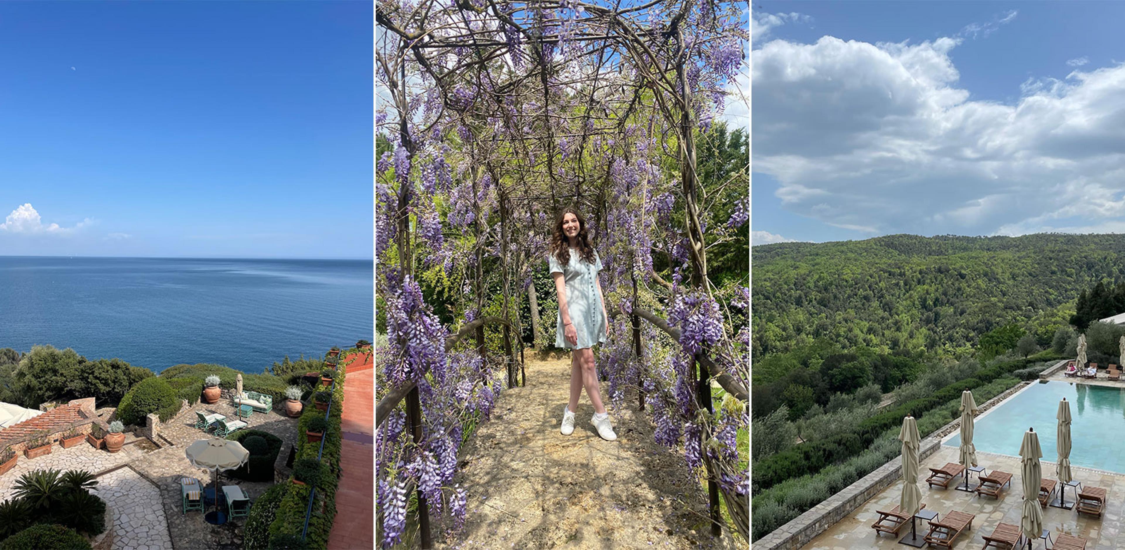 three photos, showing view over ocean from red stucco hotel; woman standing under purple flowers in an arborway, and overlooking a pool on a hill over a forest