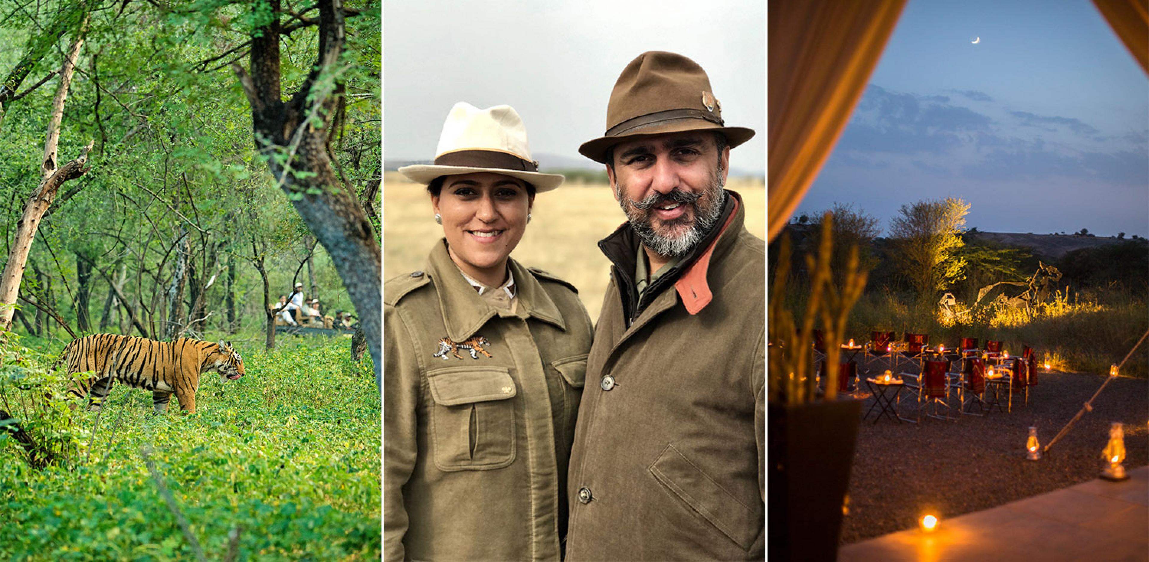 three photos: a tiger walking in the woods; a woman and man in safari outfits facing the camera; a nighttime view of a safari camp firepit
