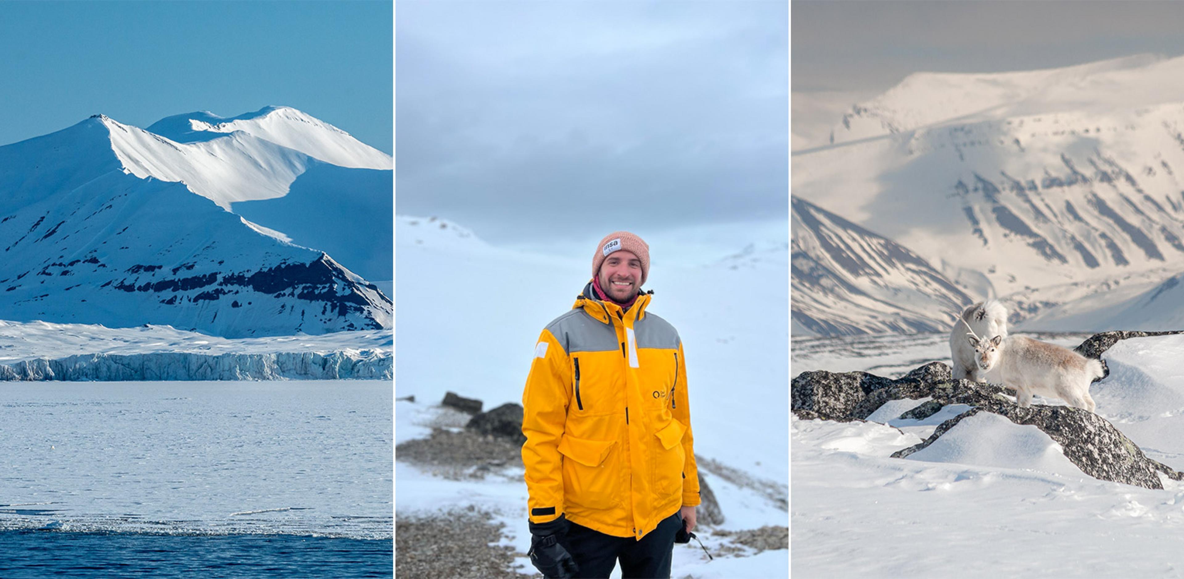three photos, from left: view over ice and water to cold mountains in the arctic; man in arctic gear smiling; white reindeer on an icey rock outcrop