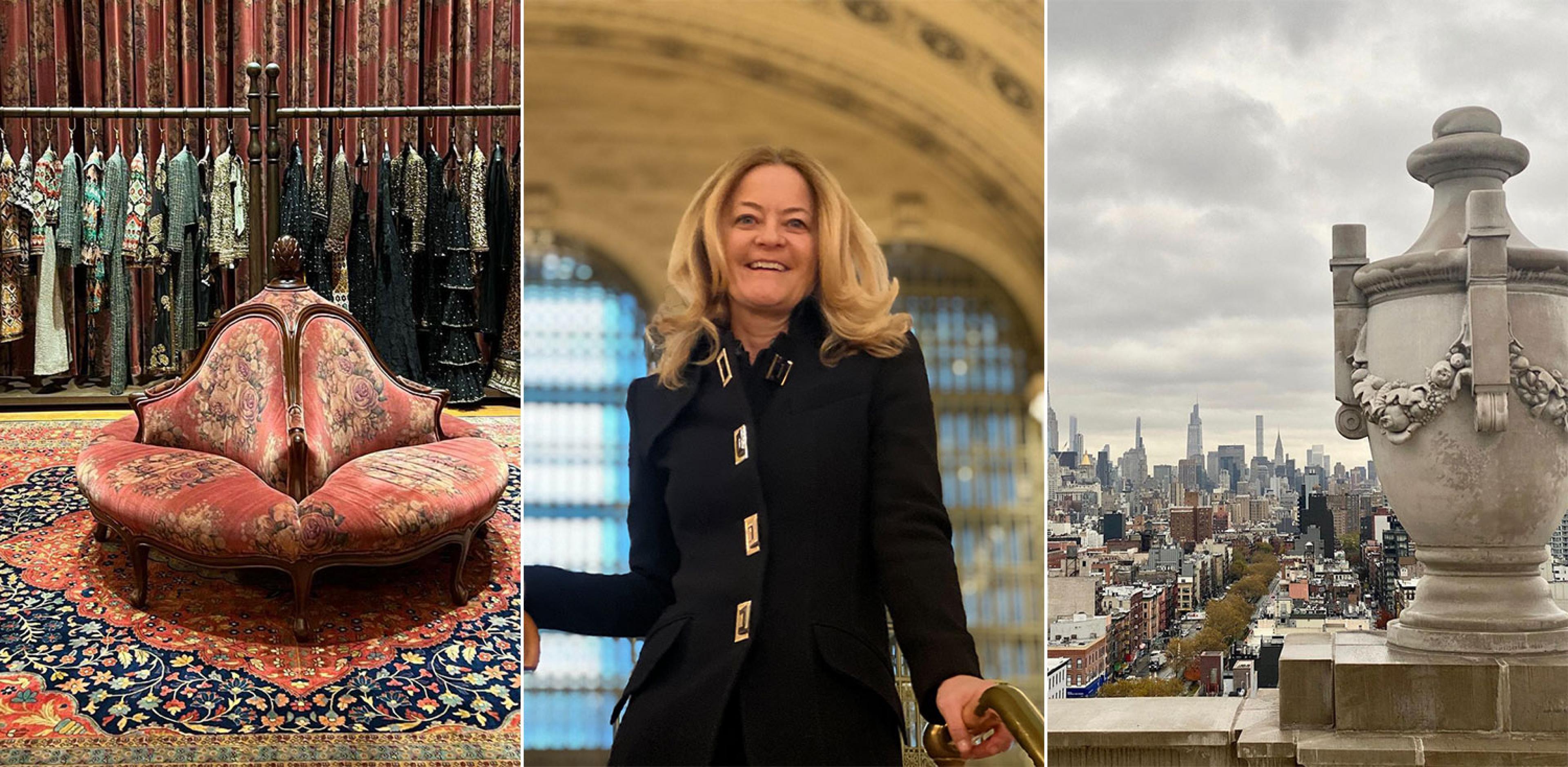 three photos. From left: a luxurious clothing boutique with oriental carpet and seating in front of clothes; woman looking at camera inside a train station; sculpture on balcony overlooking nyc skyline on gray day