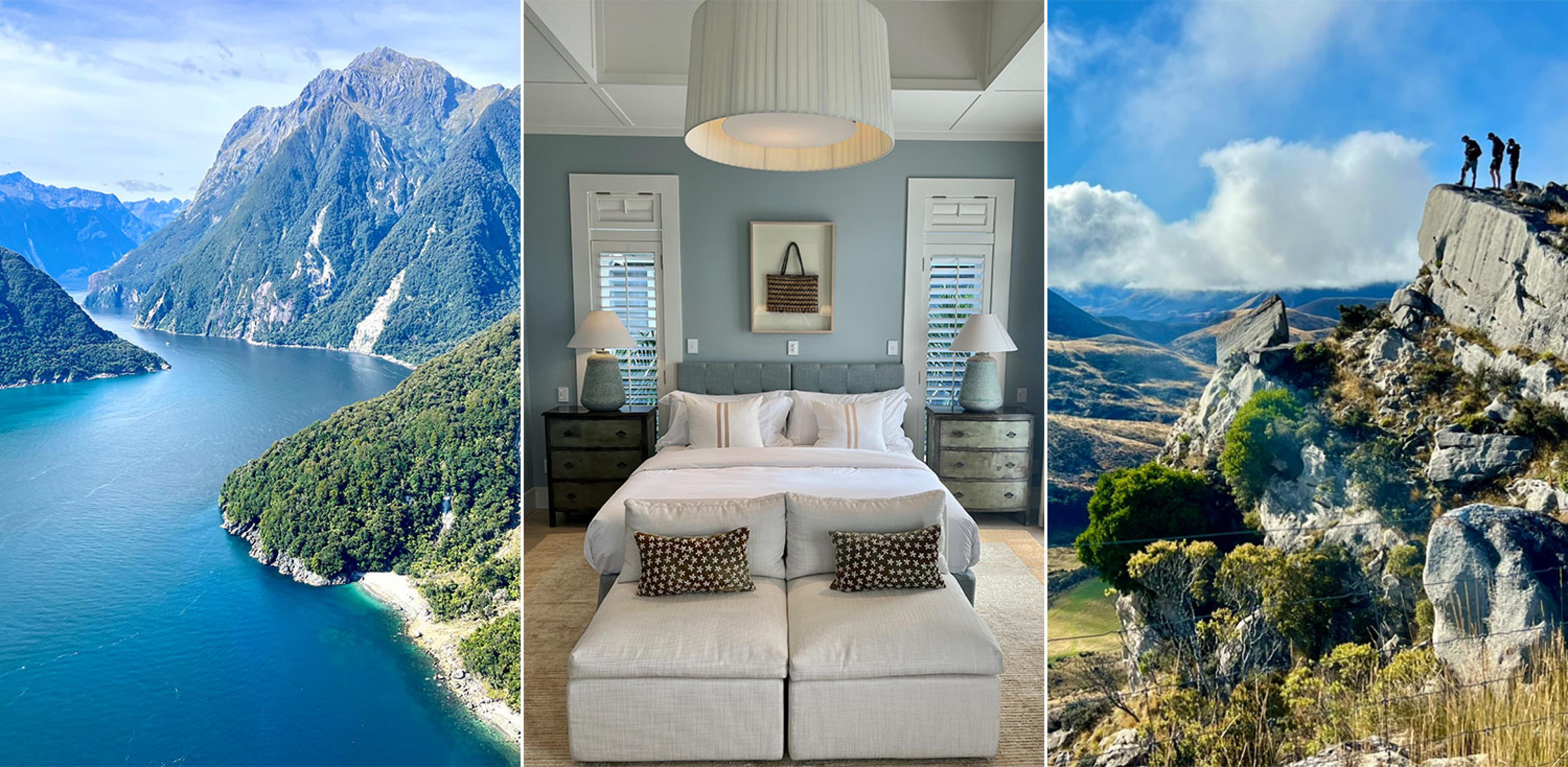 three views in New Zealand: view of a fjord; a hotel bed; and people climbing a cliff
