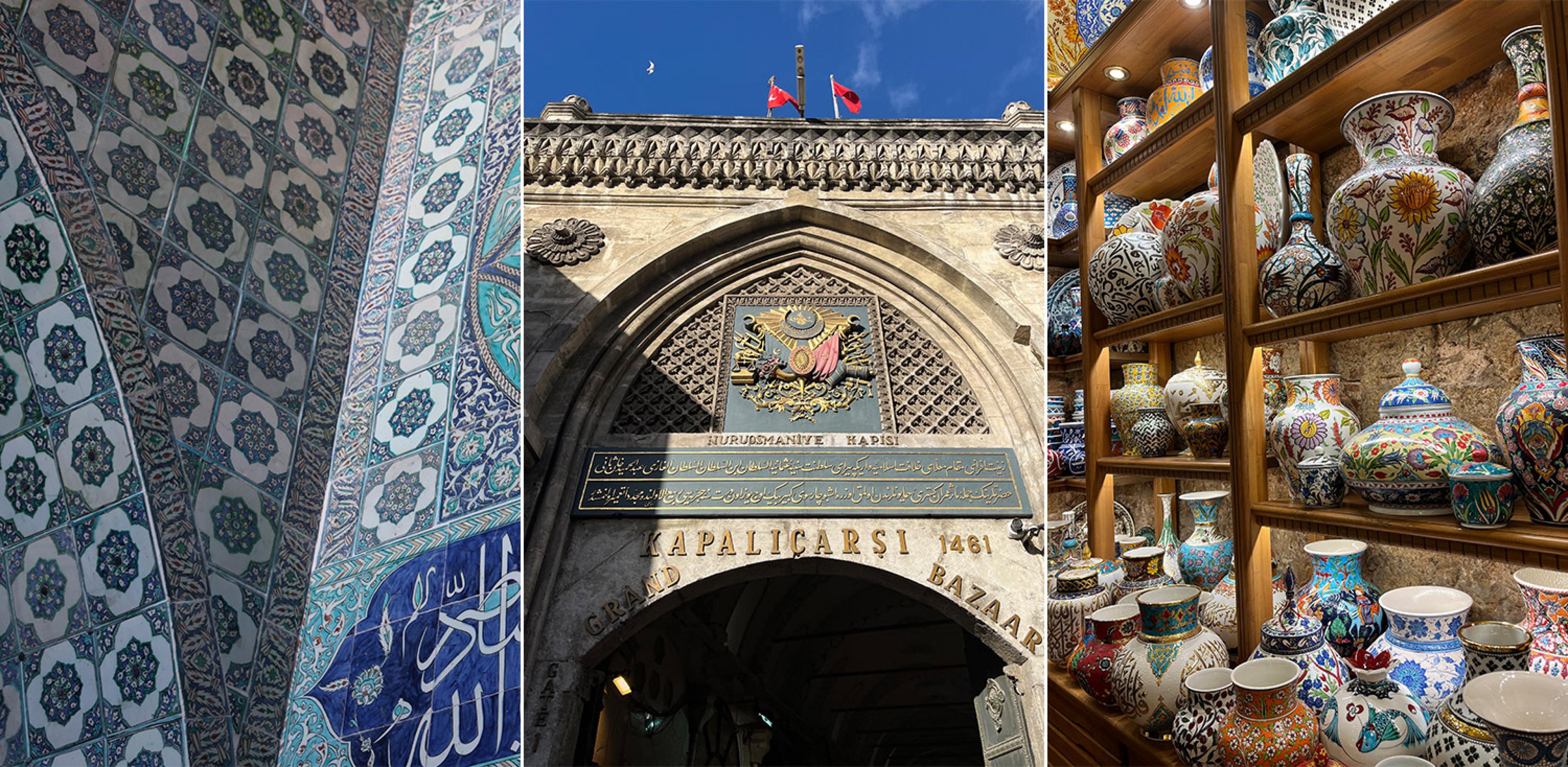 three scenes from istanbul: details of tilework, the entrance to the grand bazaar and ceramics on view in a boutique