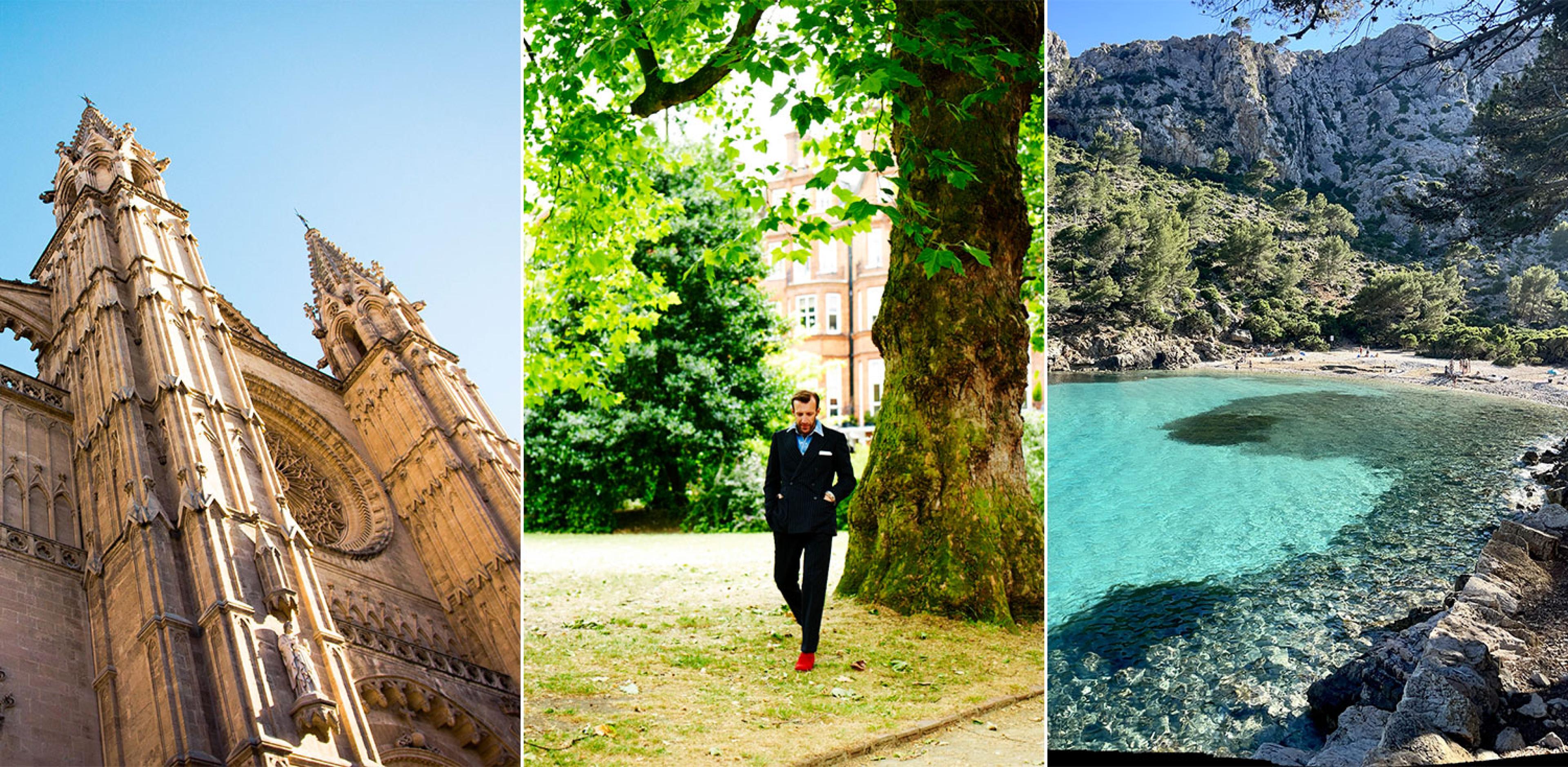 looking up at a church; man walking between trees in a city wearing a suit; looking at a blue-water bay with a beach surrounded by mountains in the mediterranean