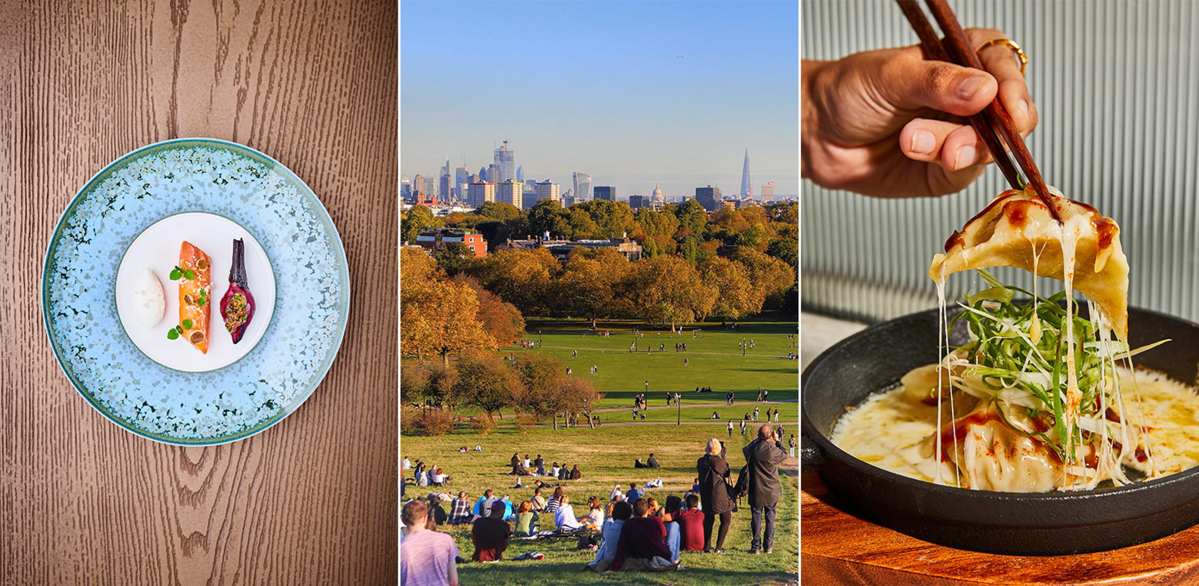 three photos: on left an overhead view of a blue and white plate with modern food on it; middle is a view of london skyline in the fall from a park; right is a hand picking up a.dumpling with chopsticks  that are dripping