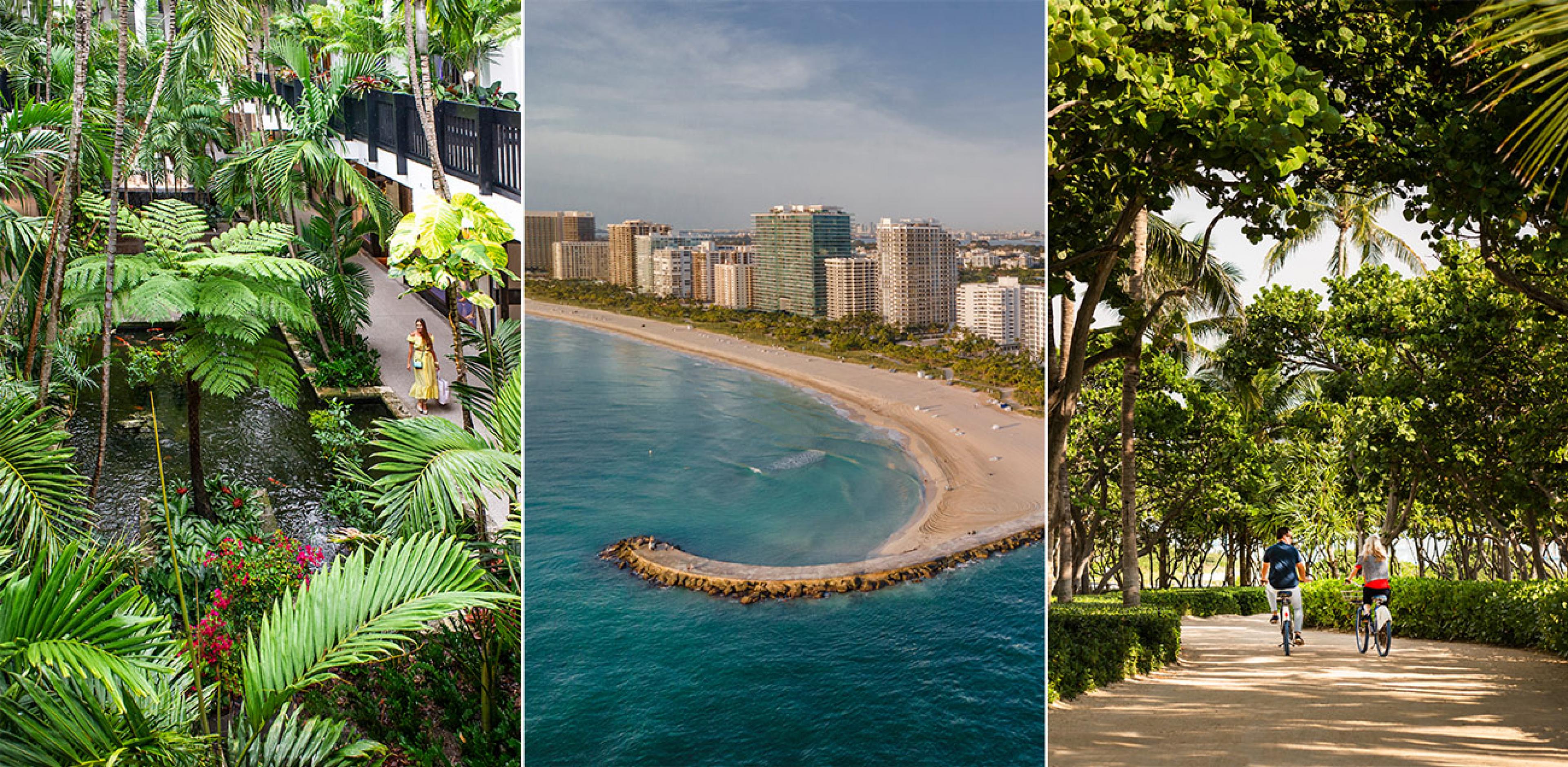 three images - on left looking down at a woman walking past palm trees in a mall; in middle a view of glassy highrises along a beach; on right two people biking on a path surrounded by palm trees