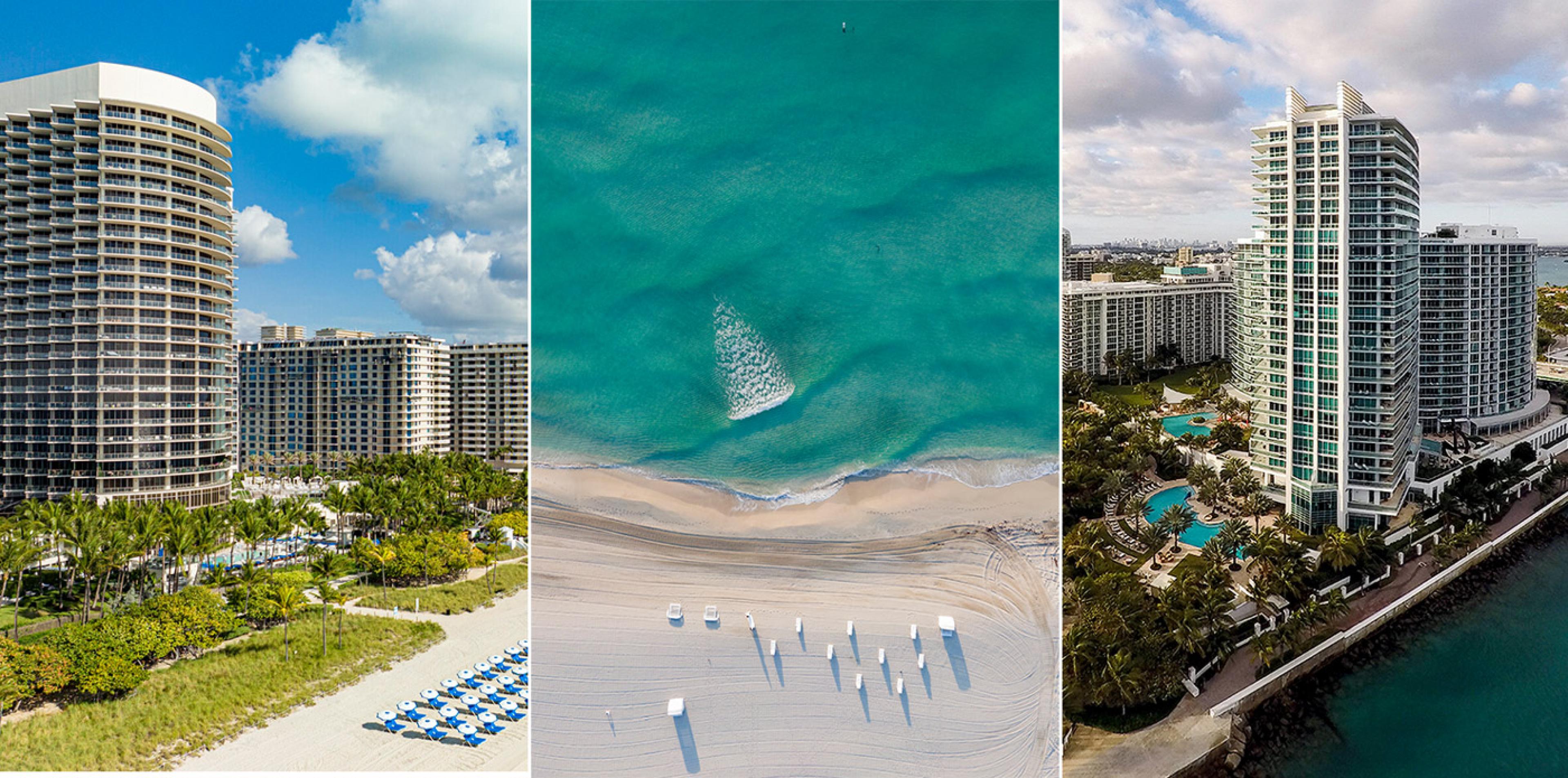 three photos. on left a high rise hotel on the beach in florida; in middle, aerial view over turquoise water and white sand beach; on right, another high rise hotel building along the waterfront in florida