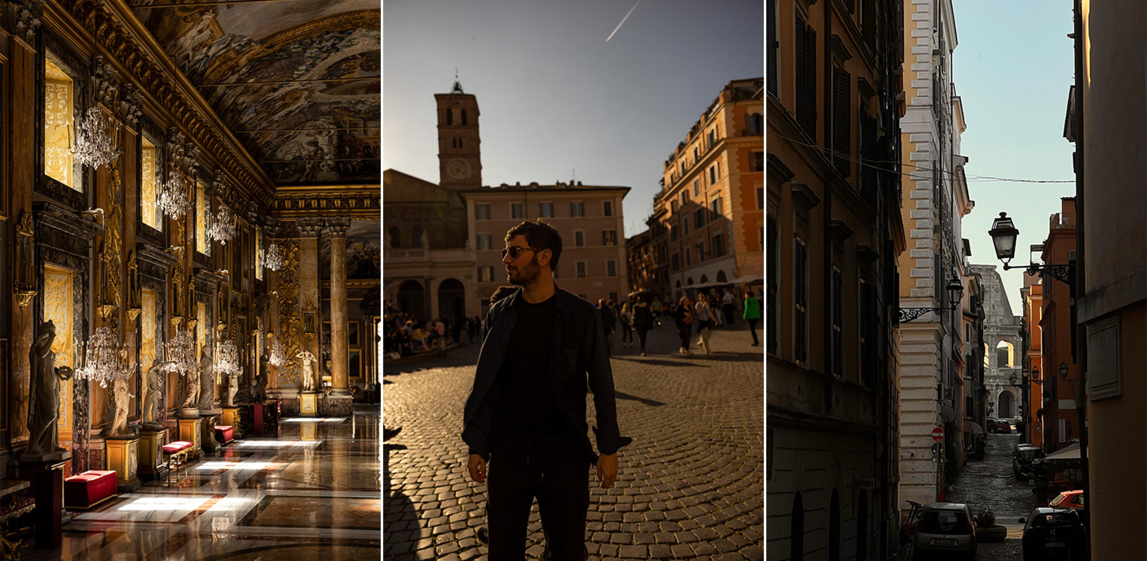 three images of rome: inside a palazzo's grand hall; a man in a square; and a view of the colosseum through the streets