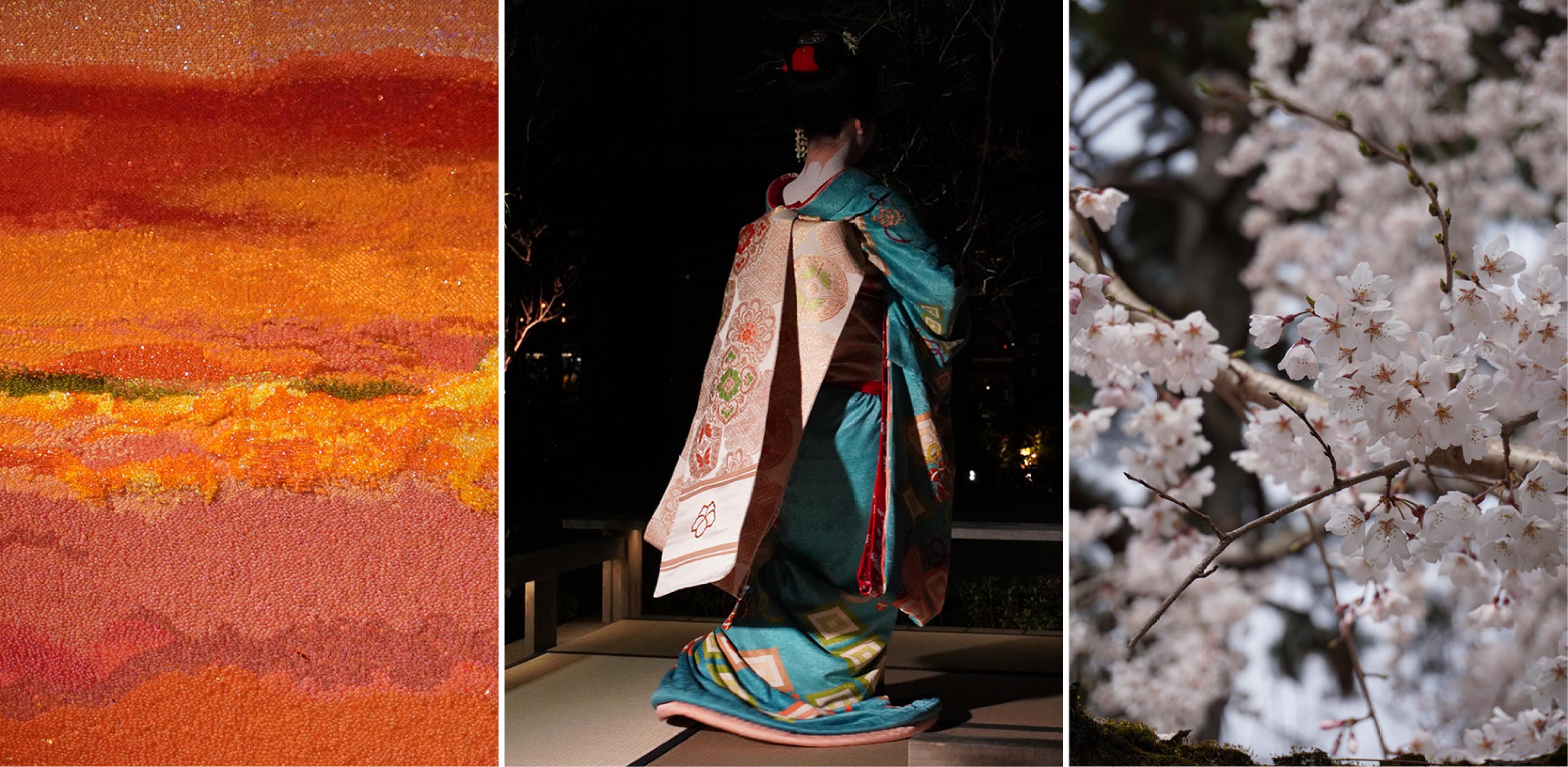 The mural by Vietnamese artist Tia-Thuy Nguyen at The Shinmonzen in Kyoto; a maiko performs for an exclusive experience at Hotel the Mitsui in Kyoto; early sakura season cherry blossoms in Kyoto