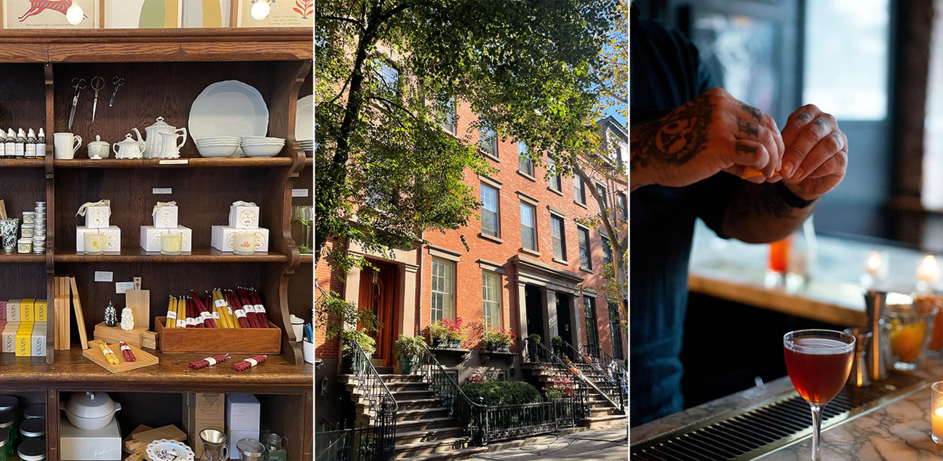 three photos. one of shelves stocked with houseware goods; in middle, looking at two brick townhouses on sunny day; on right, a bartender making a cocktail