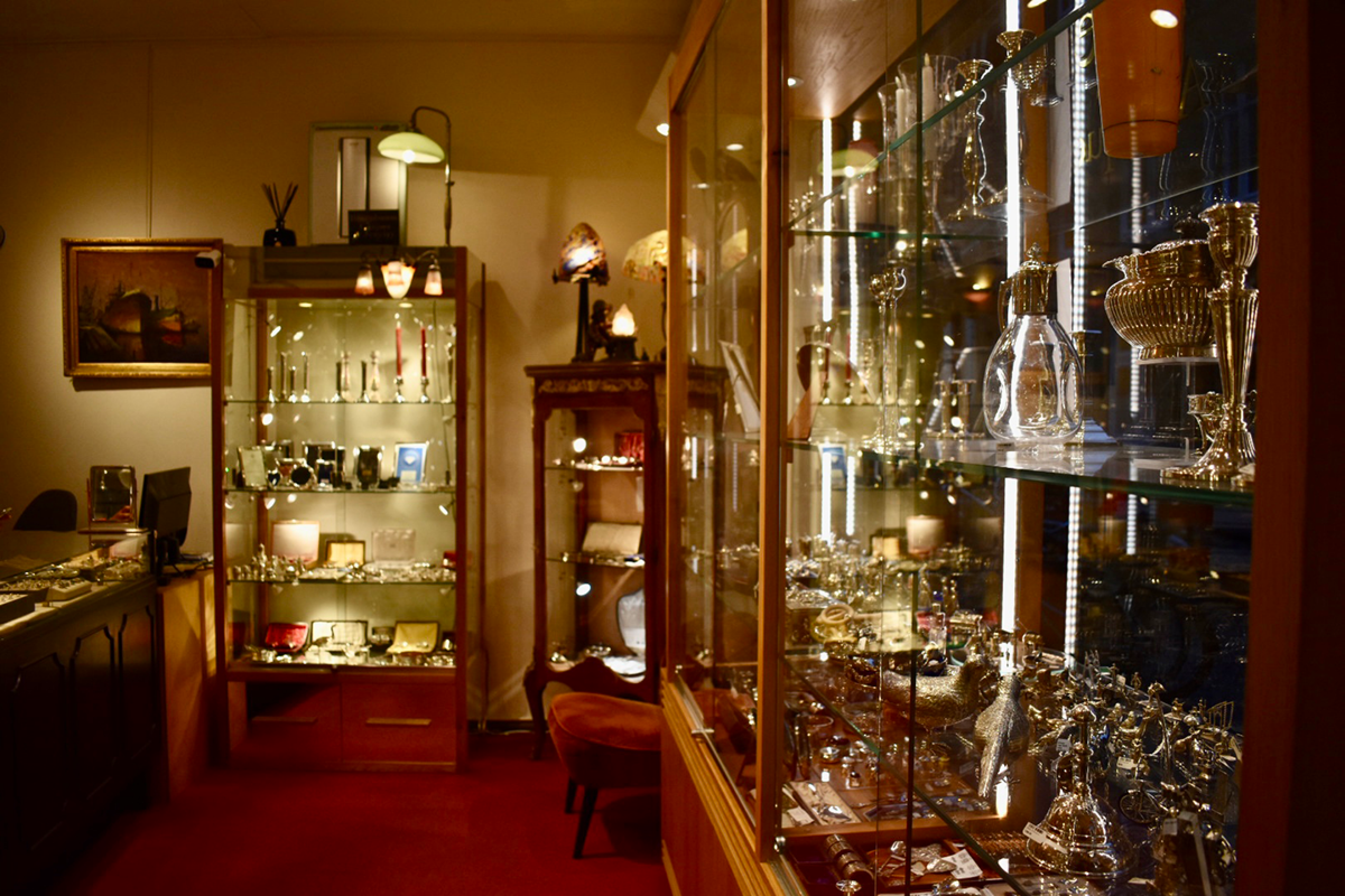 Interior of shop with cases full of crystal and other treasures